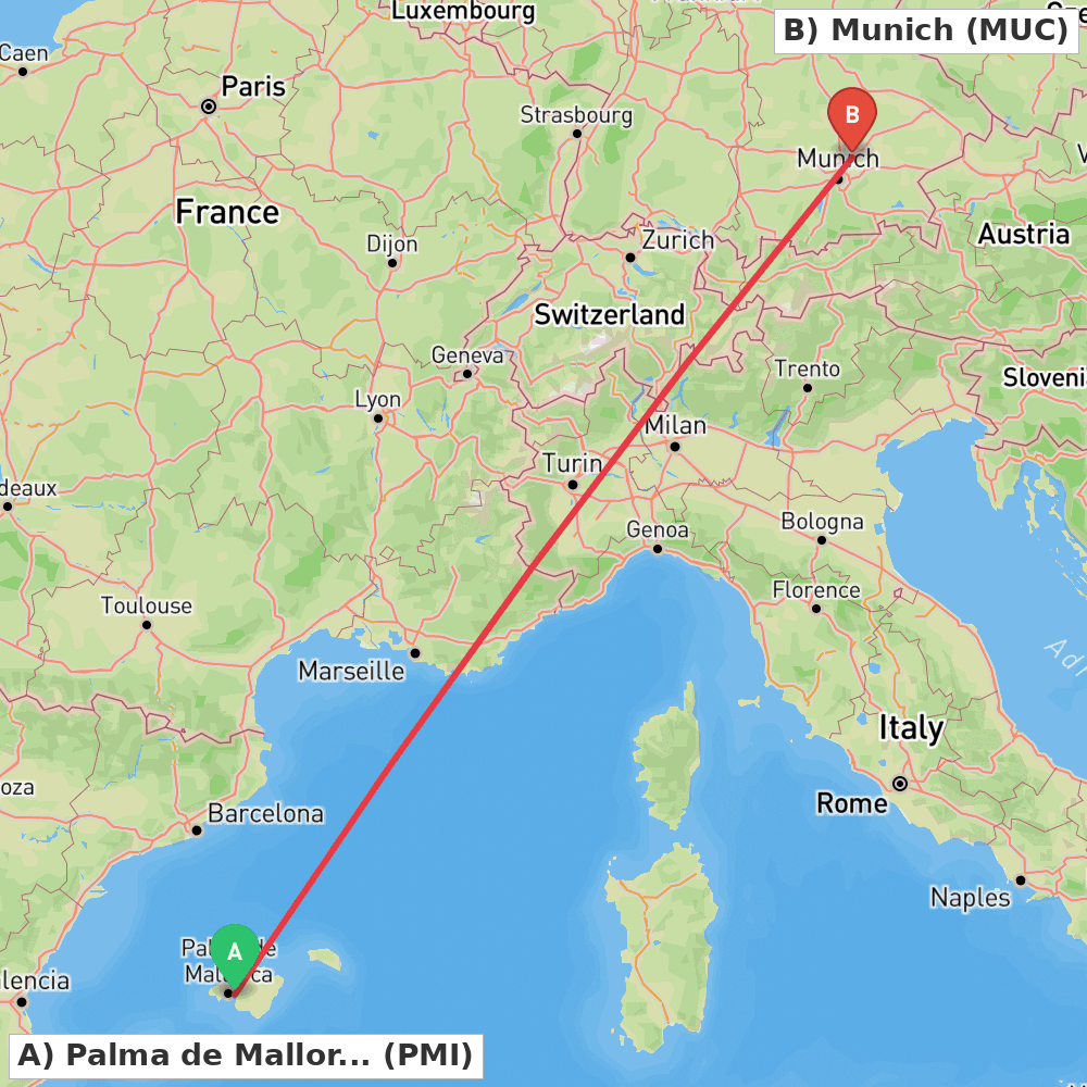 Flight route map from Palma de Mallorca to Munich