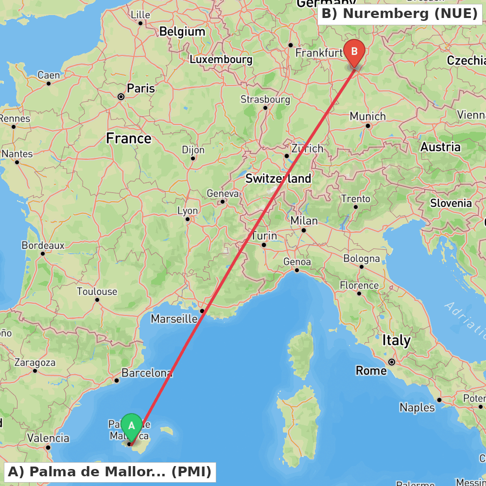 Flight route map from Palma de Mallorca to Nuremberg
