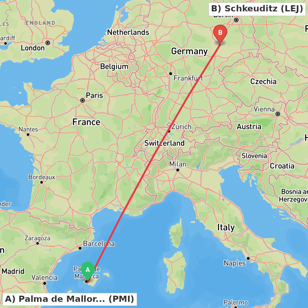 Flight route map from Palma de Mallorca to Schkeuditz