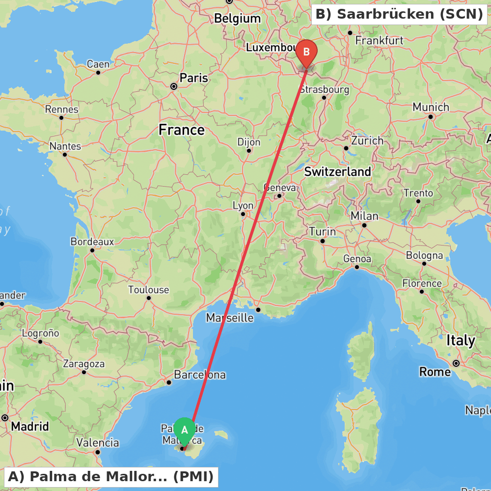 Flight route map from Palma de Mallorca to Saarbrücken