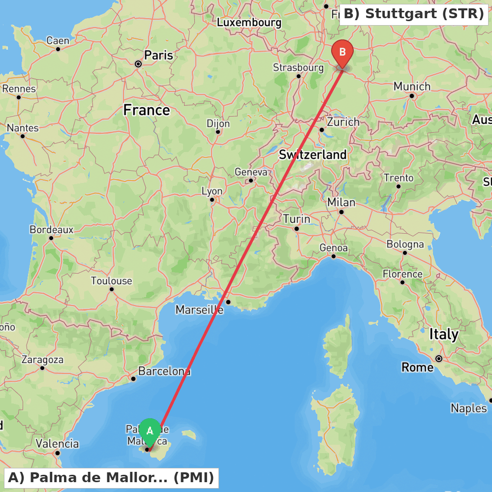 Flight route map from Palma de Mallorca to Stuttgart