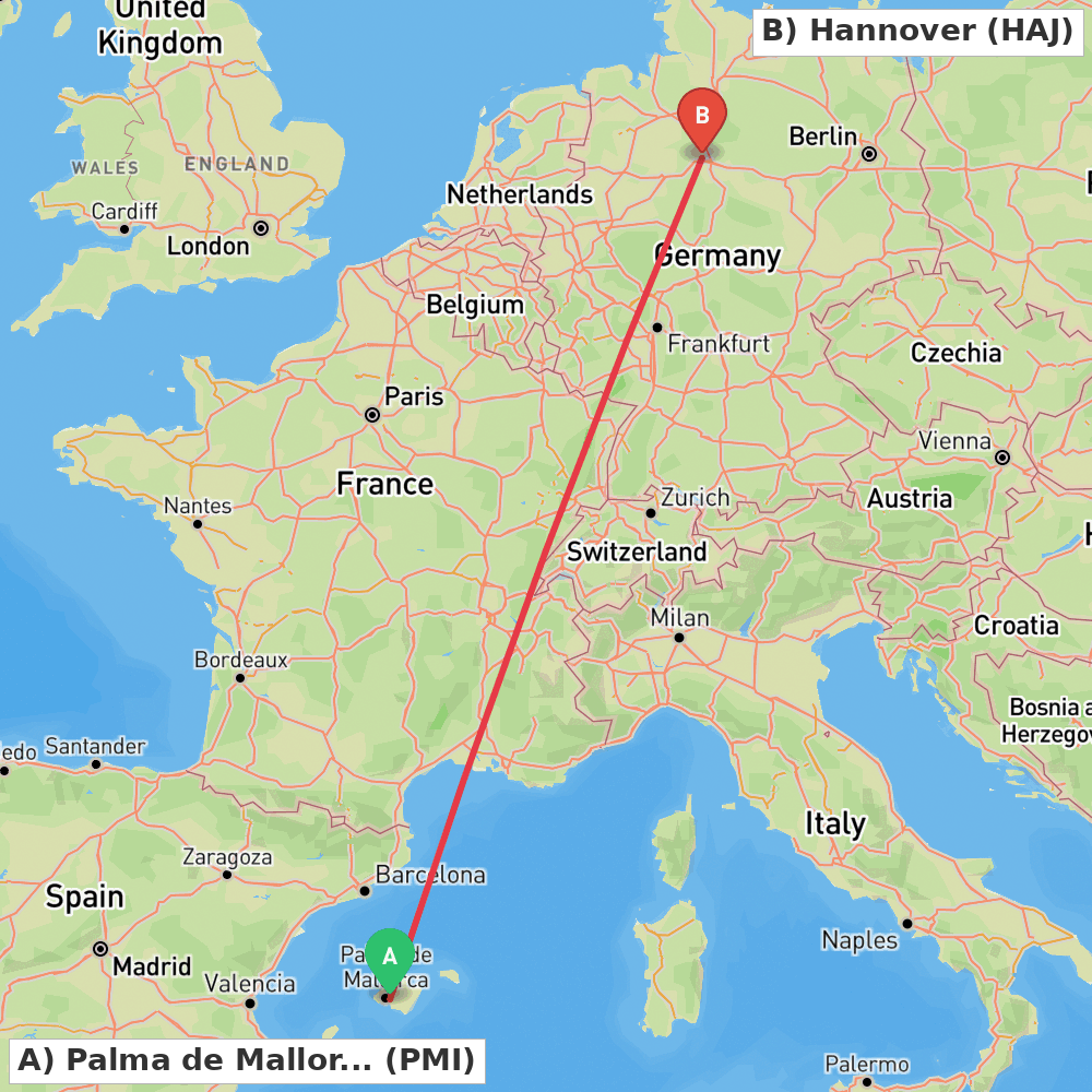 Flight route map from Palma de Mallorca to Hannover