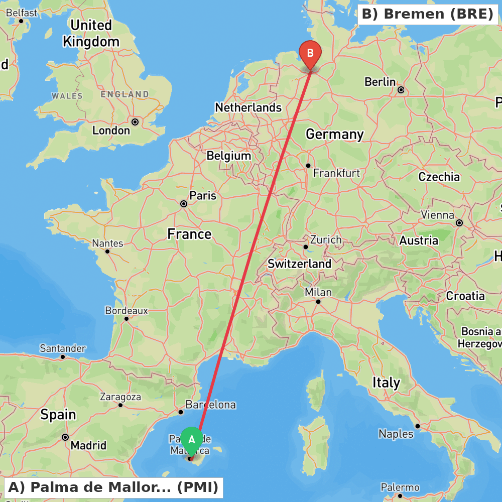 Flight route map from Palma de Mallorca to Bremen