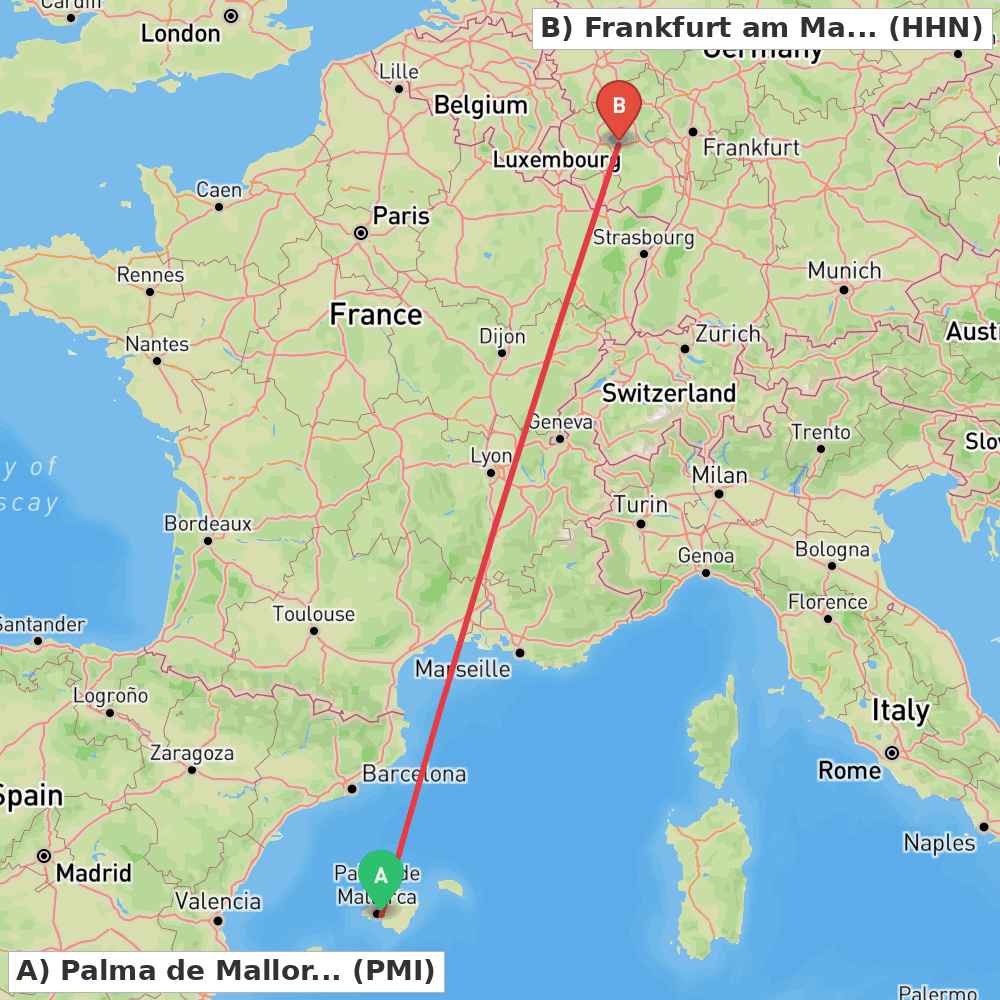 Flight route map from Palma de Mallorca to Frankfurt am Main (Lautzenhausen)