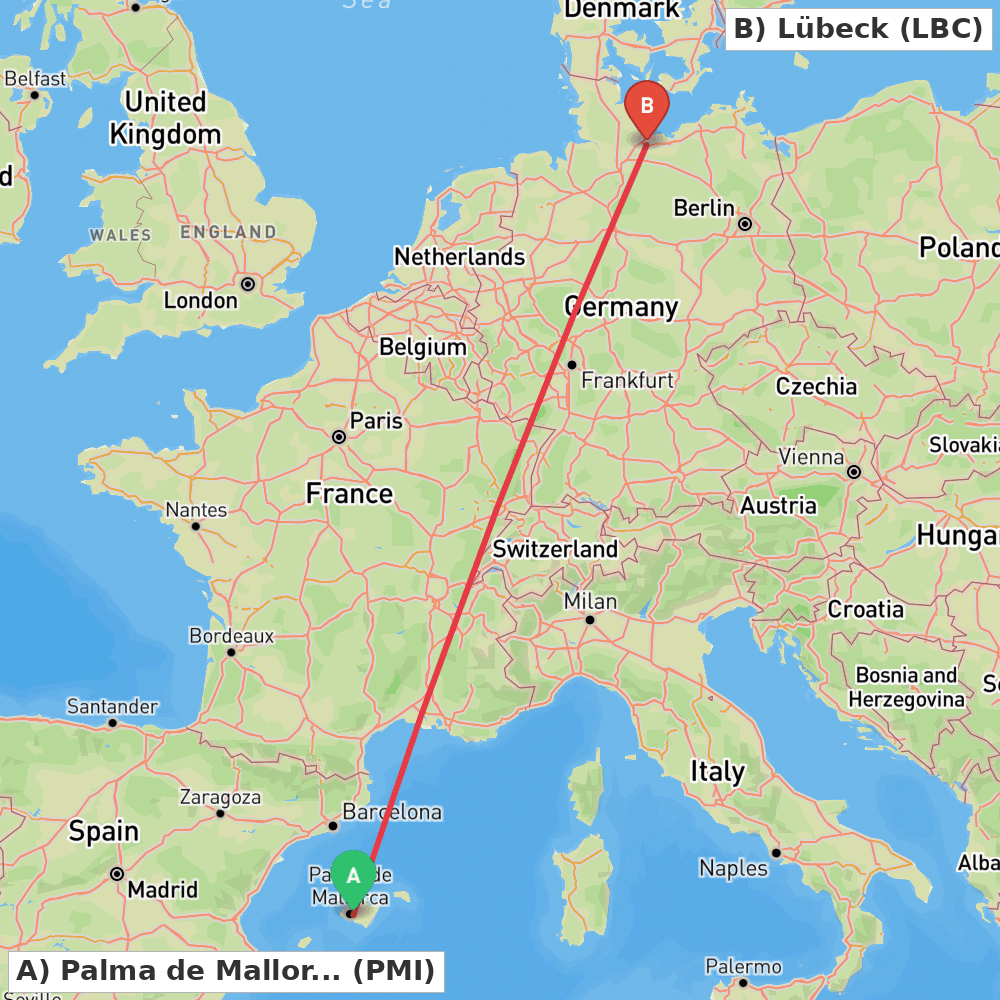 Flight route map from Palma de Mallorca to Lübeck