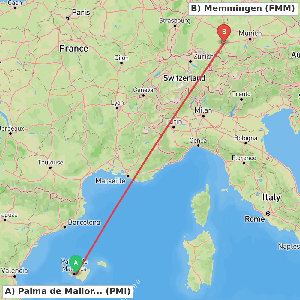 Flight route map from Palma de Mallorca to Memmingen