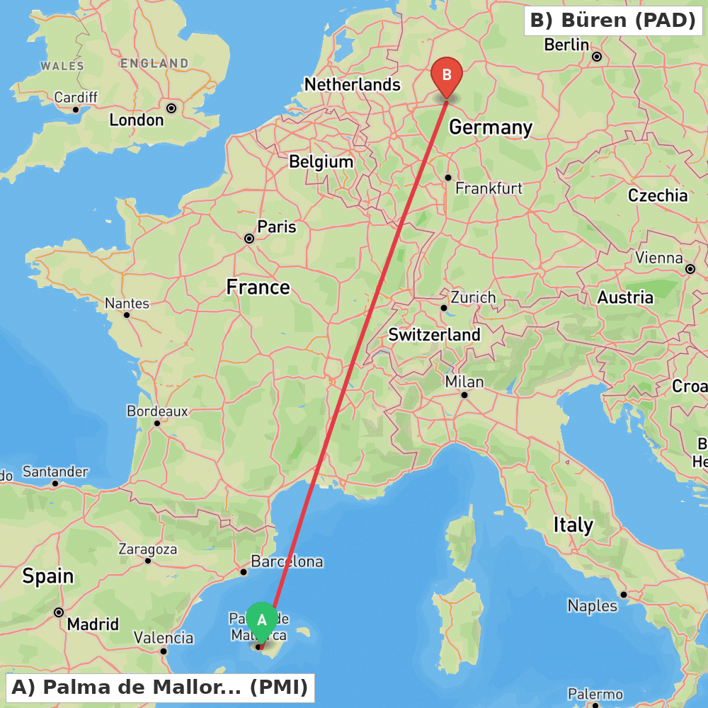Flight route map from Palma de Mallorca to Büren
