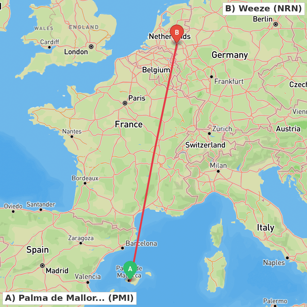 Flight route map from Palma de Mallorca to Weeze