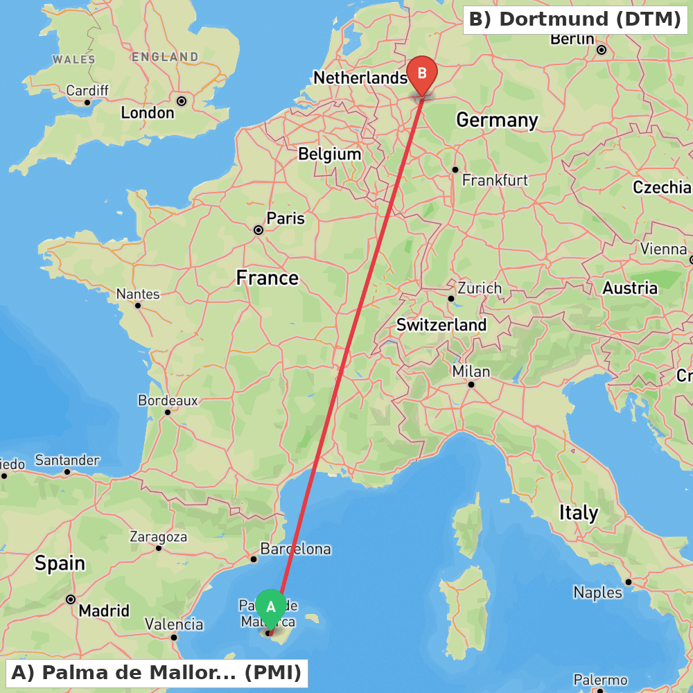 Flight route map from Palma de Mallorca to Dortmund