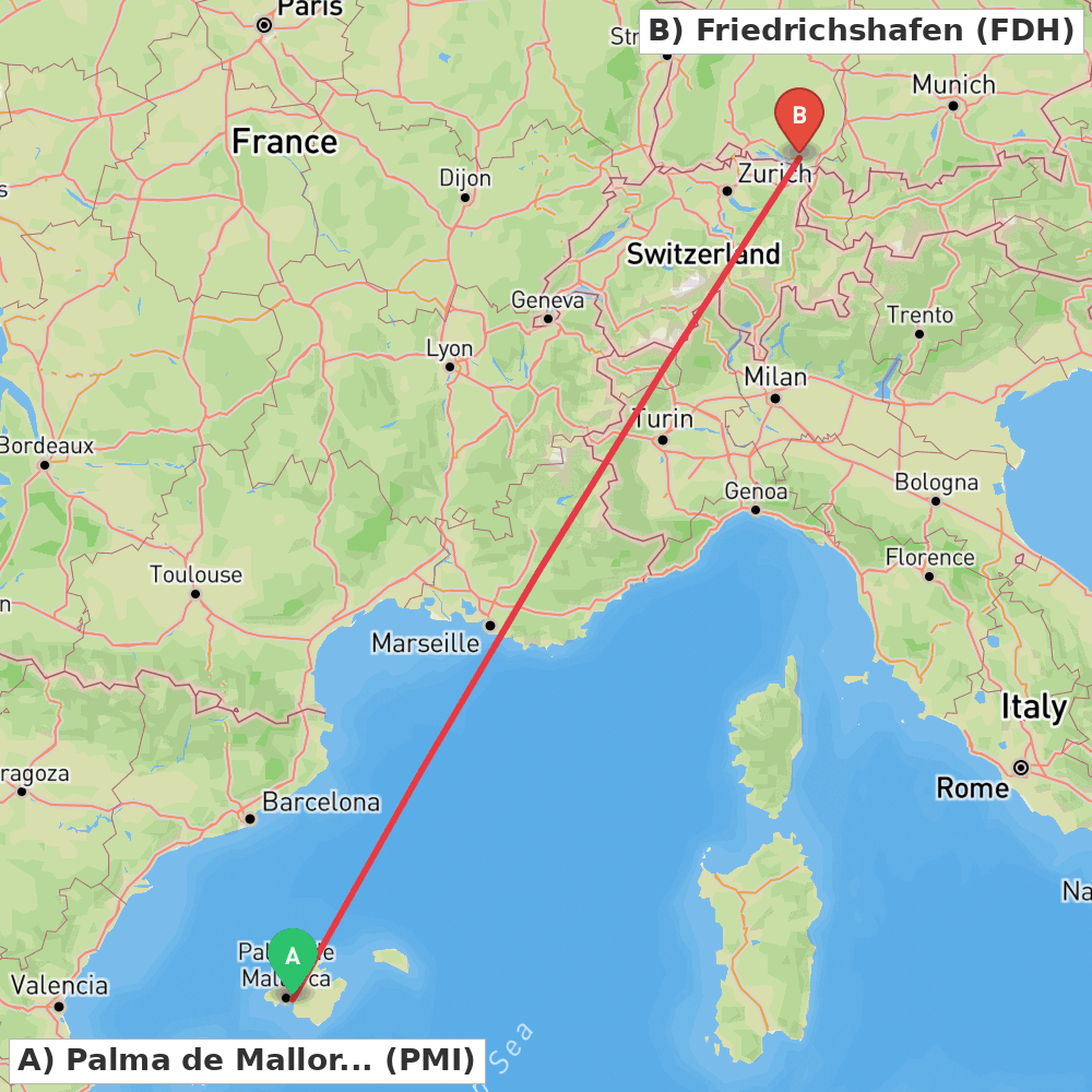 Flight route map from Palma de Mallorca to Friedrichshafen