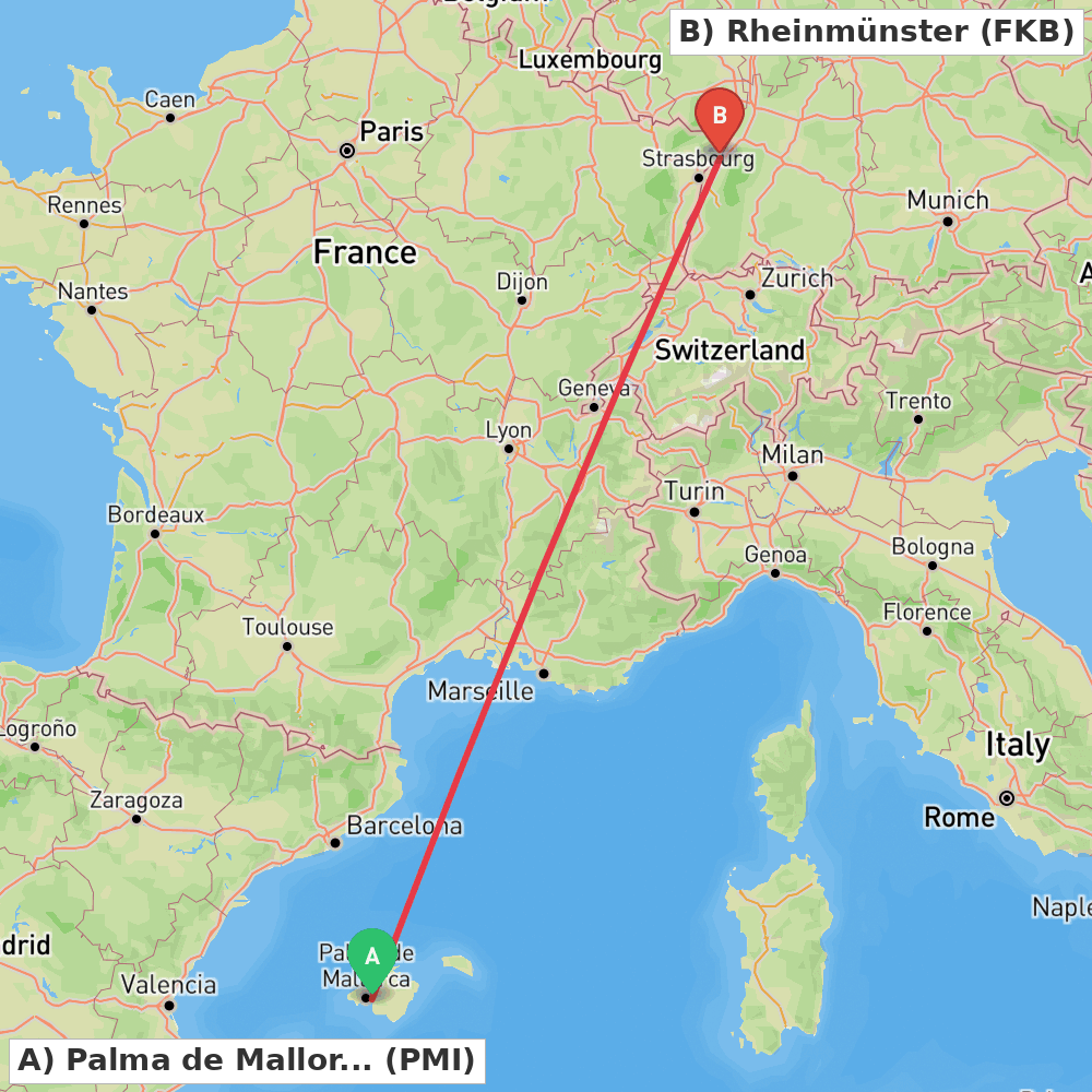 Flight route map from Palma de Mallorca to Rheinmünster