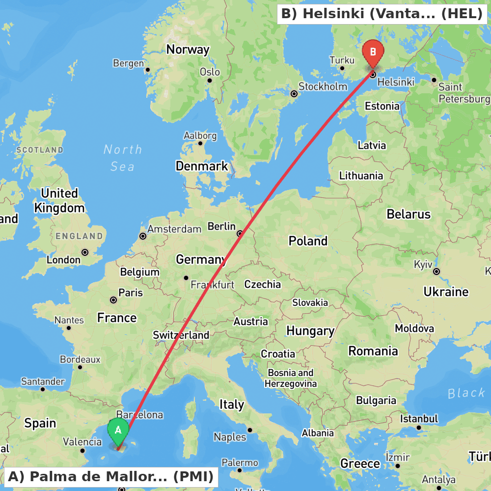 Flight route map from Palma de Mallorca to Helsinki (Vantaa)