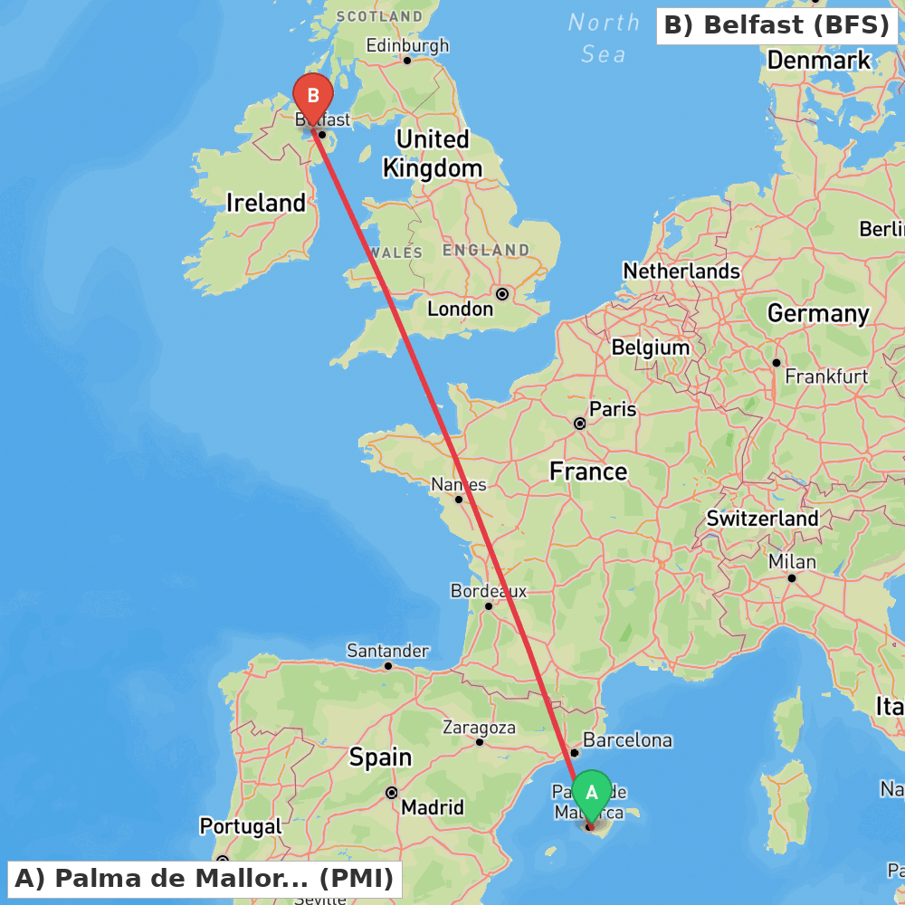 Flight route map from Palma de Mallorca to Belfast