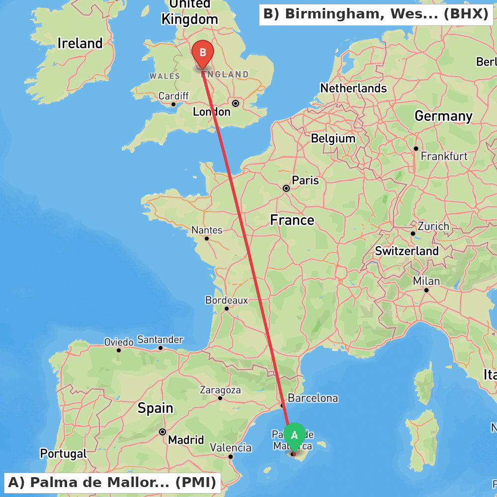 Flight route map from Palma de Mallorca to Birmingham, West Midlands