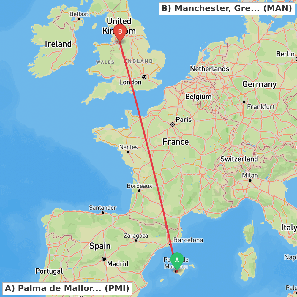 Flight route map from Palma de Mallorca to Manchester, Greater Manchester