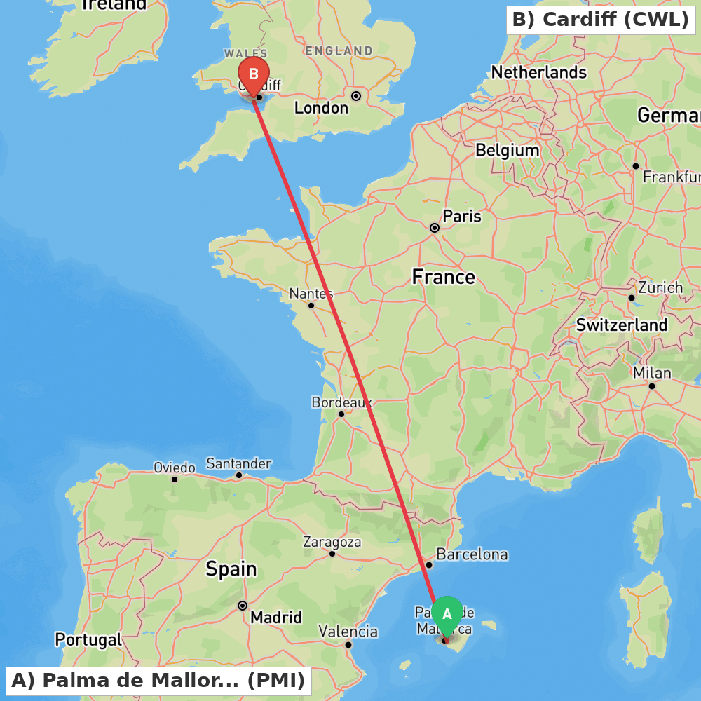 Flight route map from Palma de Mallorca to Cardiff