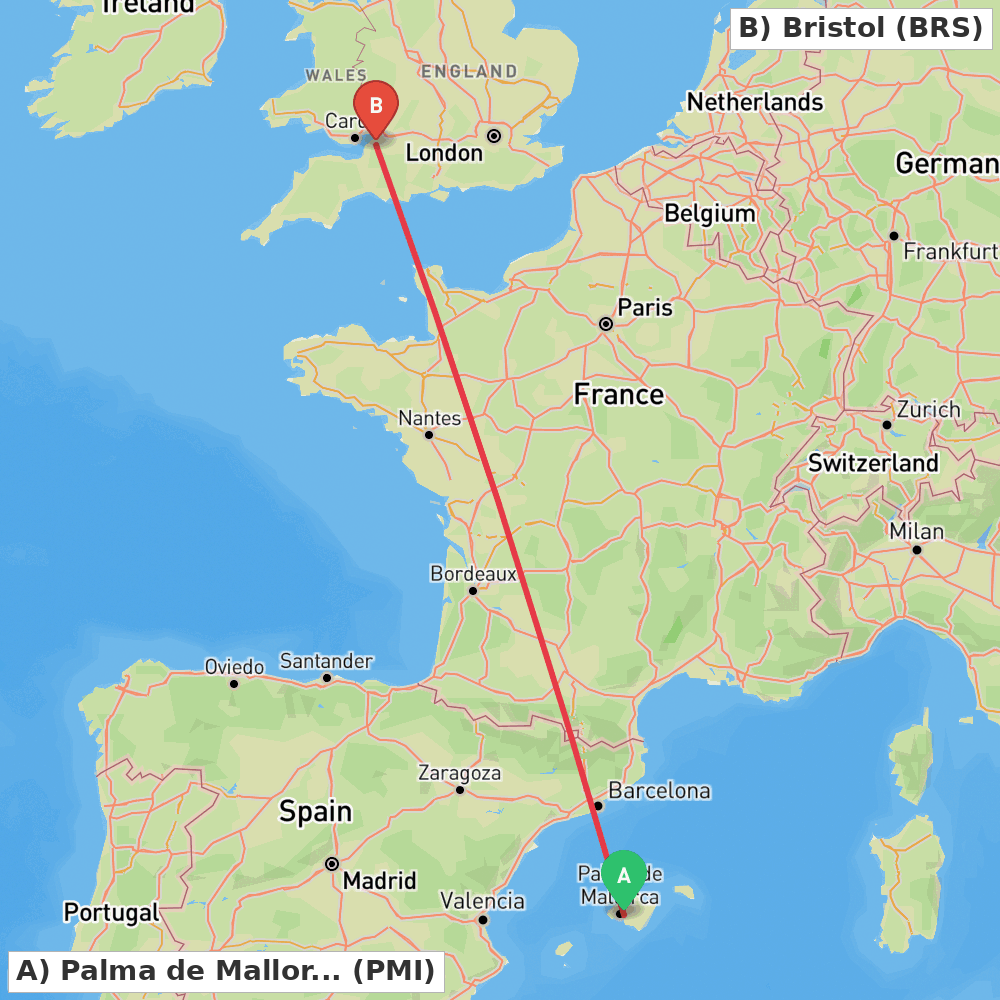 Flight route map from Palma de Mallorca to Bristol