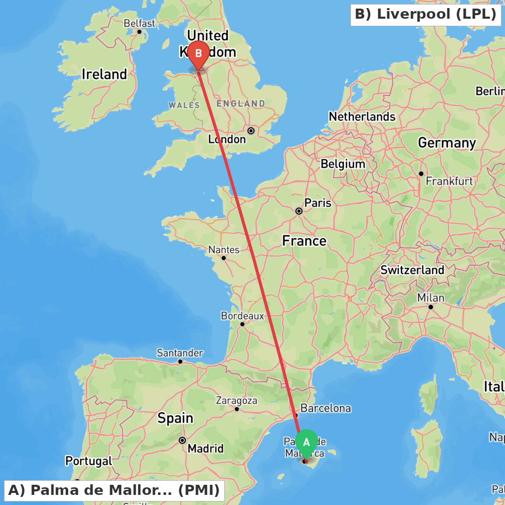Flight route map from Palma de Mallorca to Liverpool