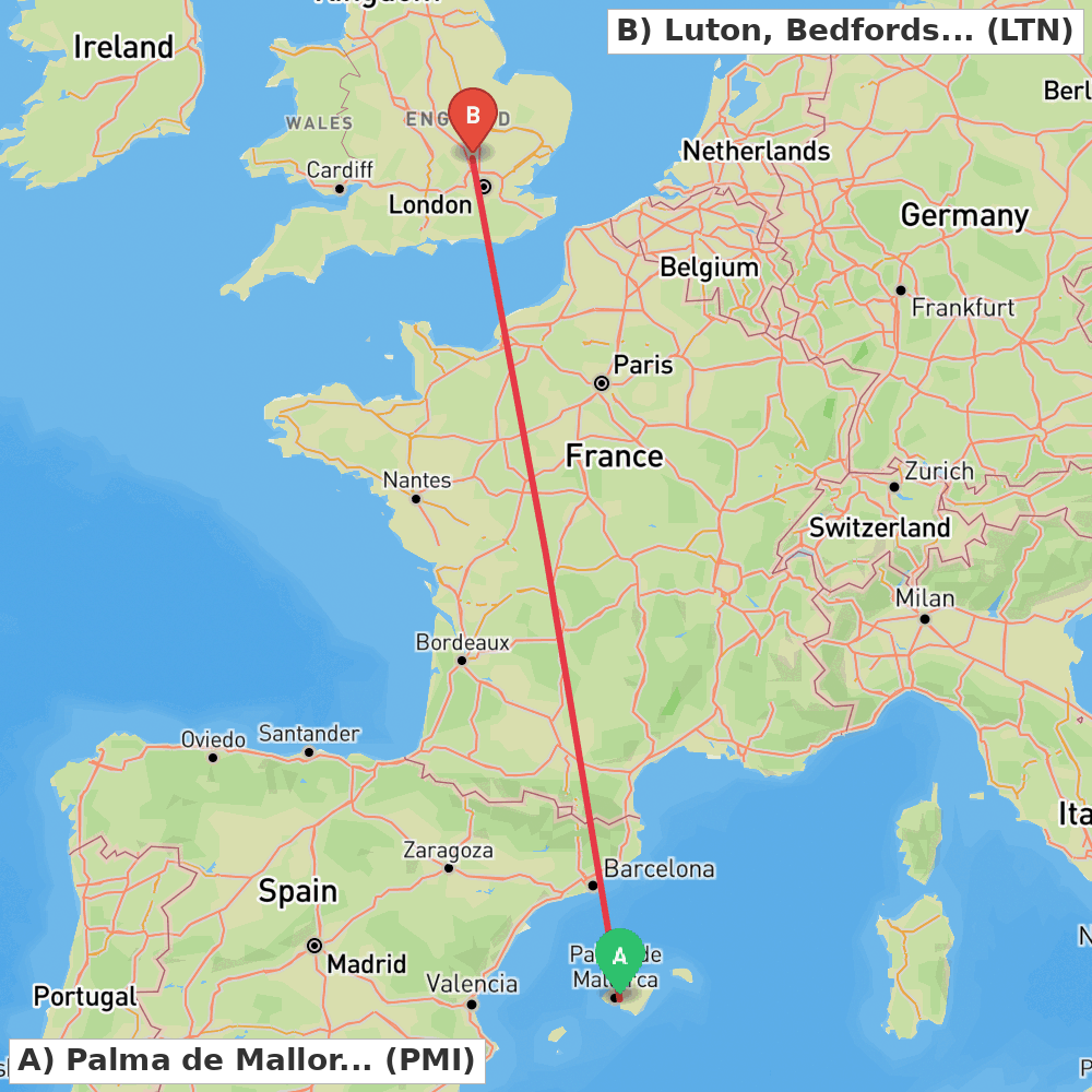 Flight route map from Palma de Mallorca to Luton, Bedfordshire