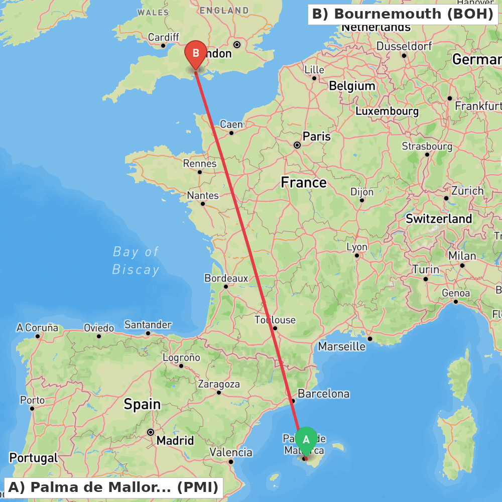 Flight route map from Palma de Mallorca to Bournemouth