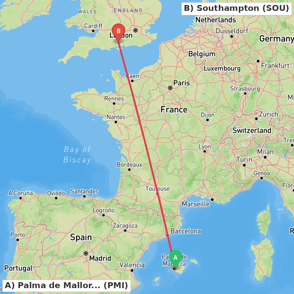 Flight route map from Palma de Mallorca to Southampton