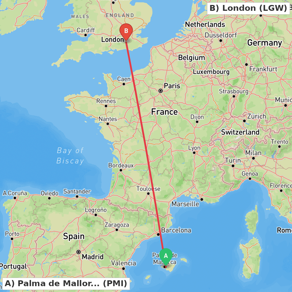 Flight route map from Palma de Mallorca to London