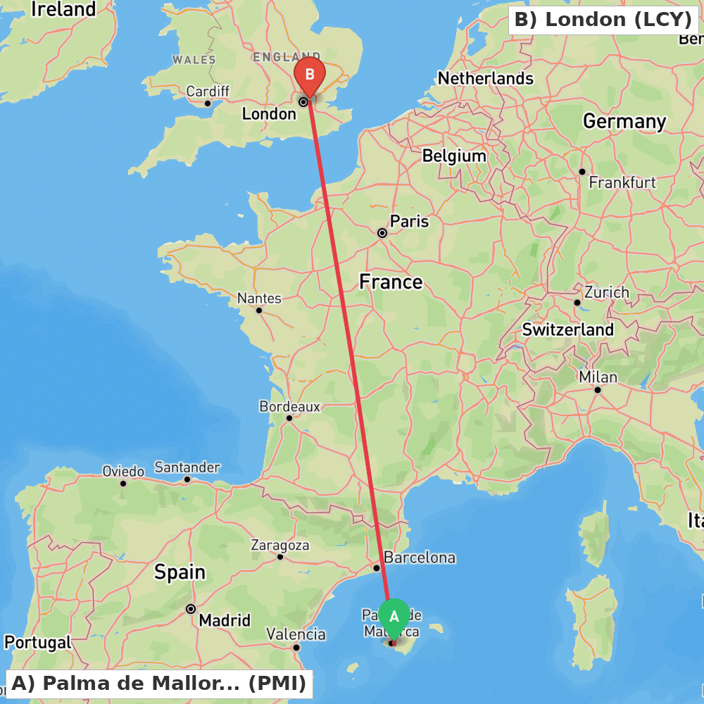 Flight route map from Palma de Mallorca to London