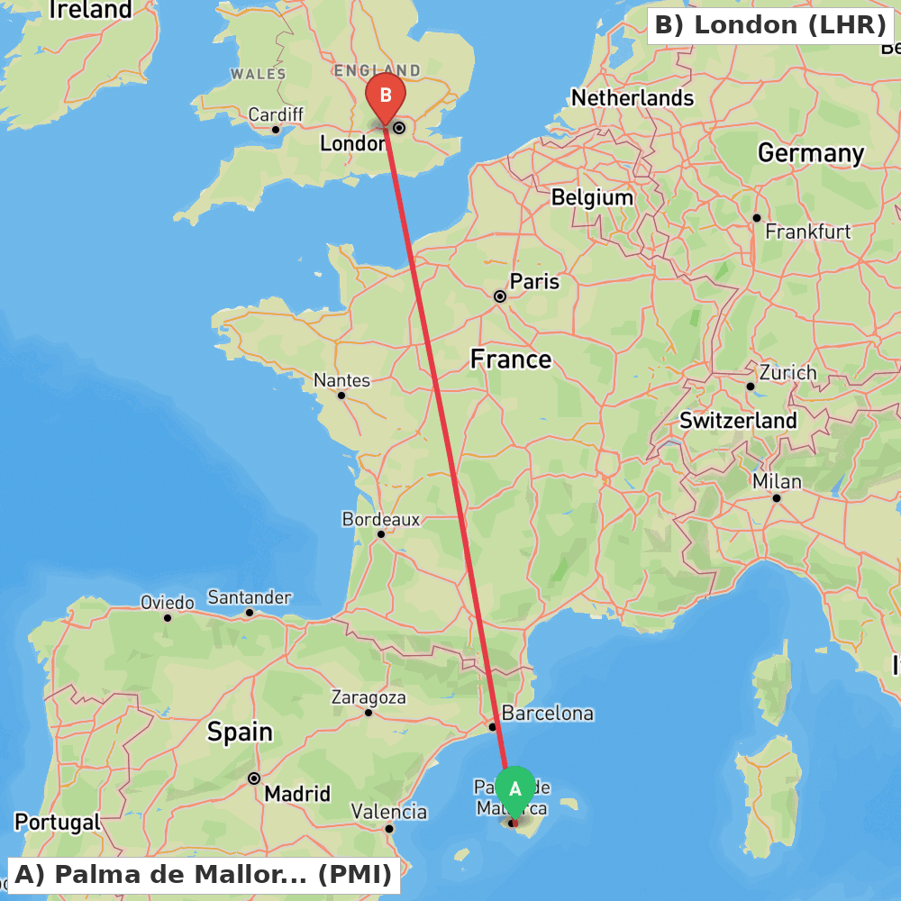 Flight route map from Palma de Mallorca to London
