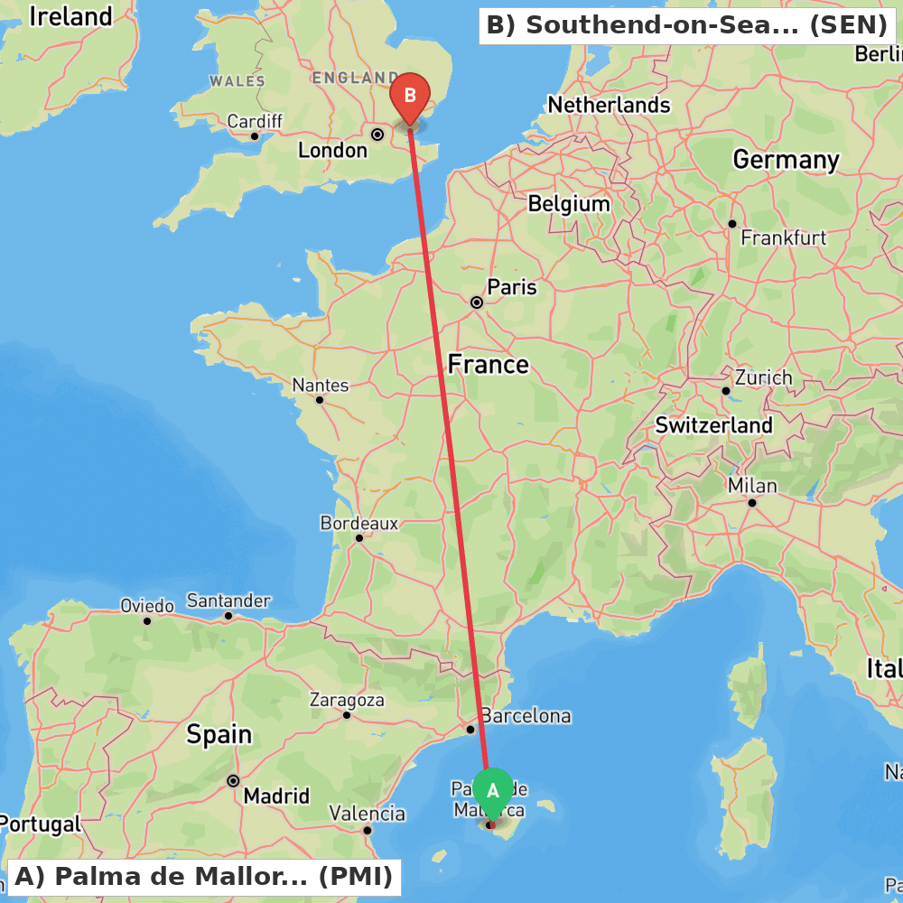 Flight route map from Palma de Mallorca to Southend-on-Sea, Essex