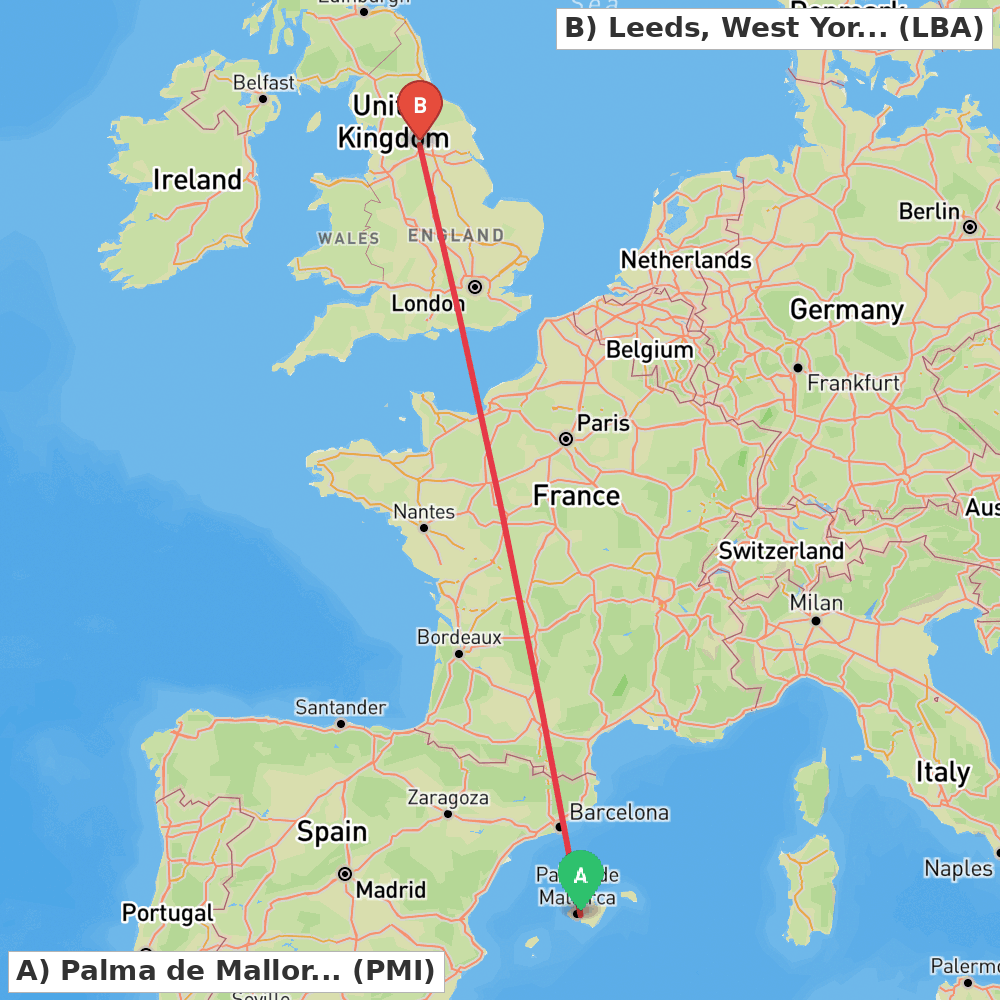 Flight route map from Palma de Mallorca to Leeds, West Yorkshire