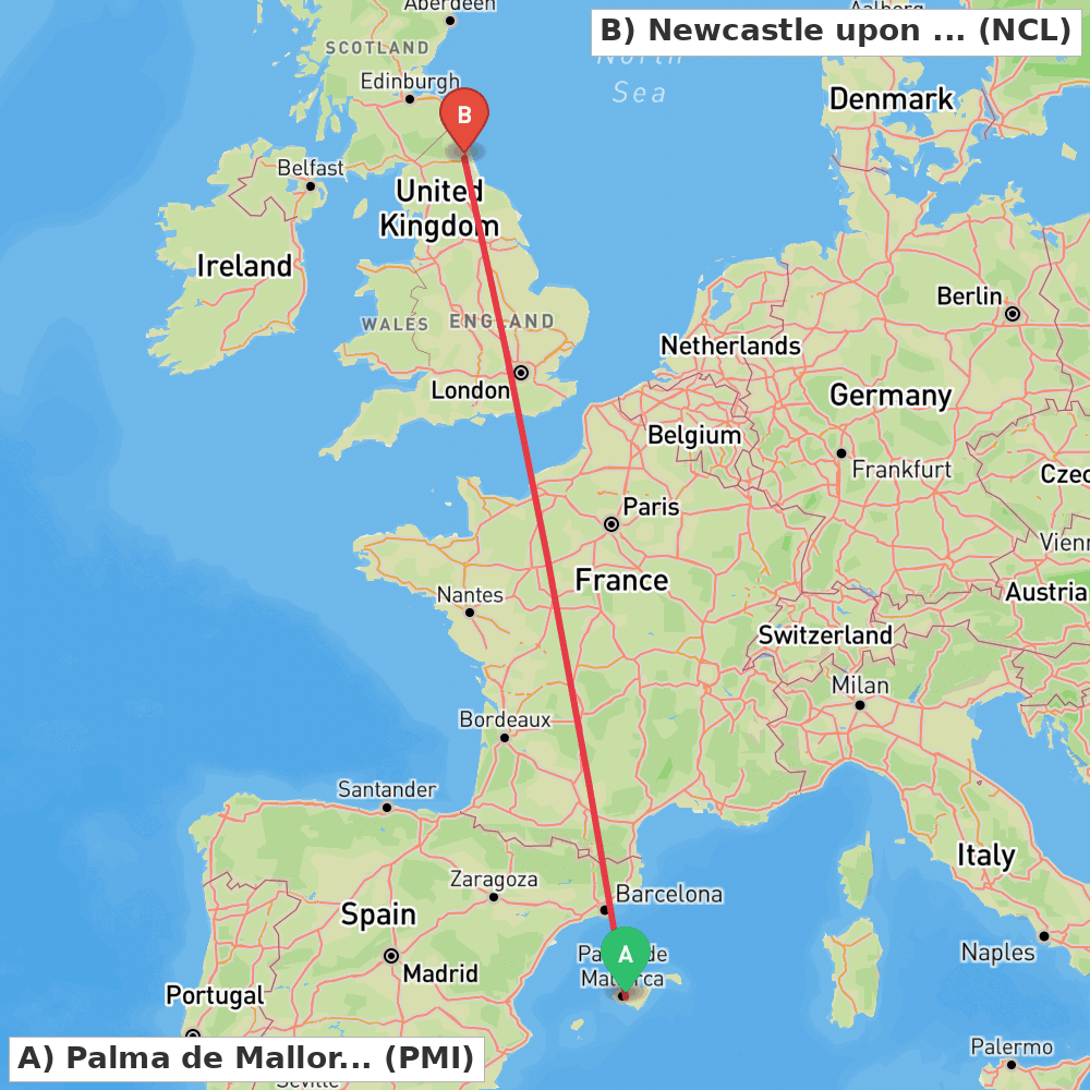 Flight route map from Palma de Mallorca to Newcastle upon Tyne, Tyne and Wear