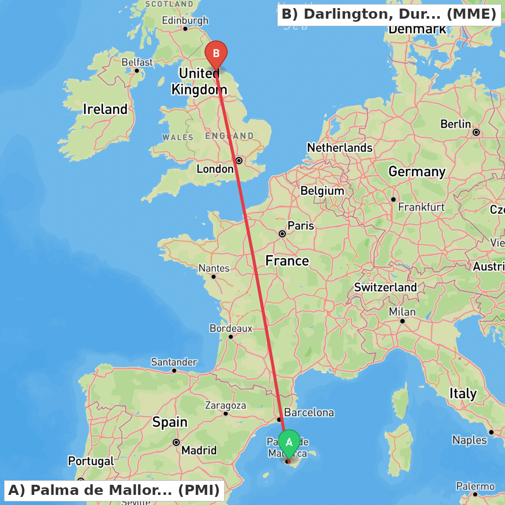 Flight route map from Palma de Mallorca to Darlington, Durham