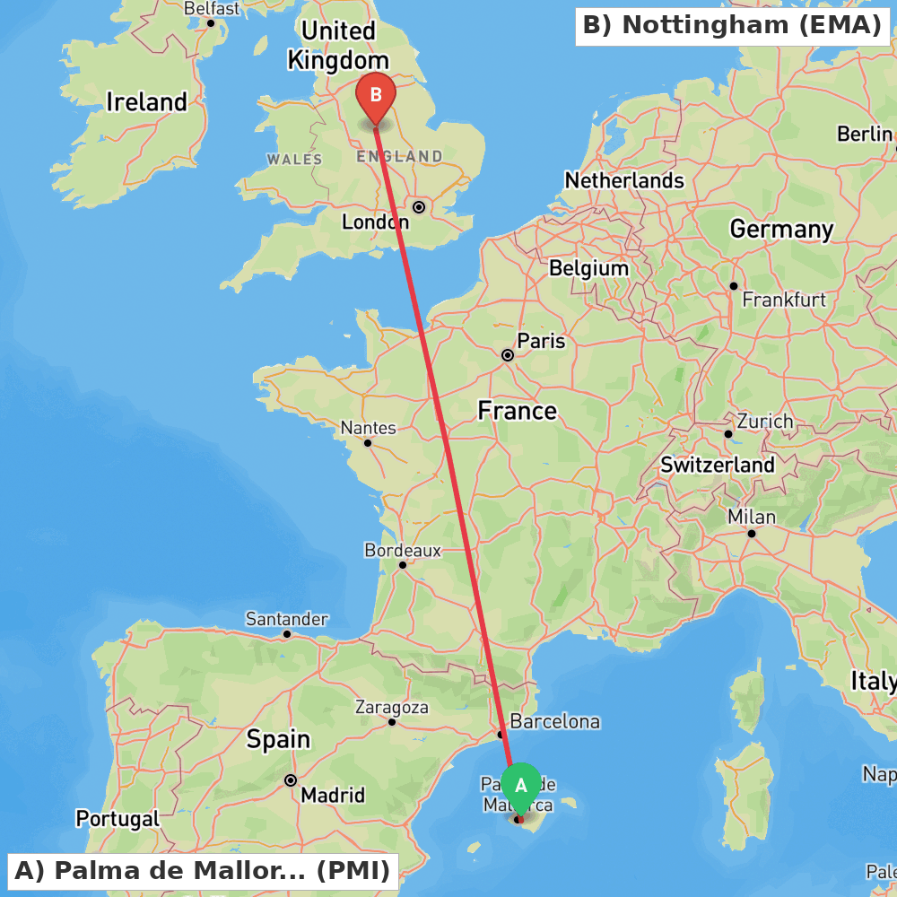 Flight route map from Palma de Mallorca to Nottingham