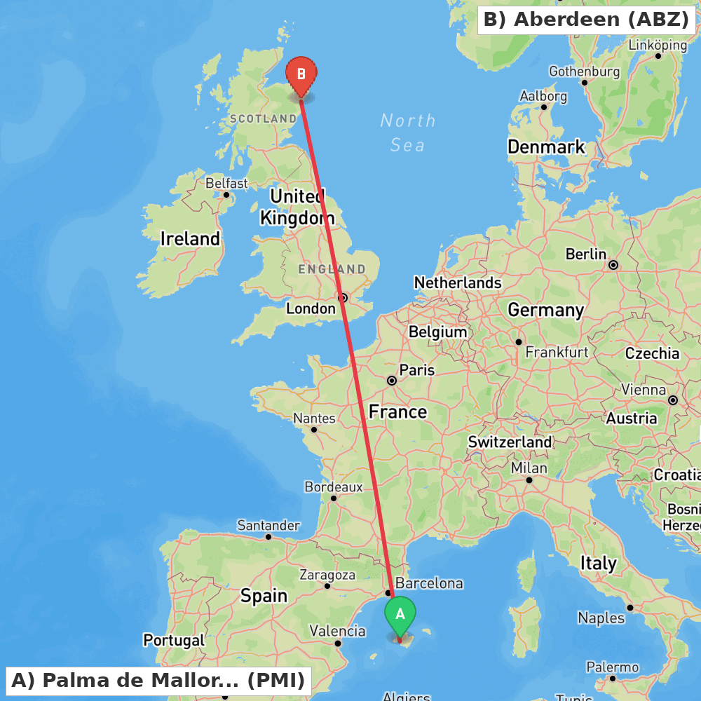 Flight route map from Palma de Mallorca to Aberdeen