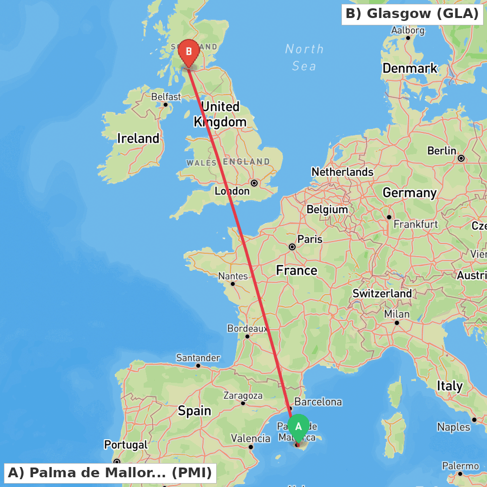 Flight route map from Palma de Mallorca to Glasgow