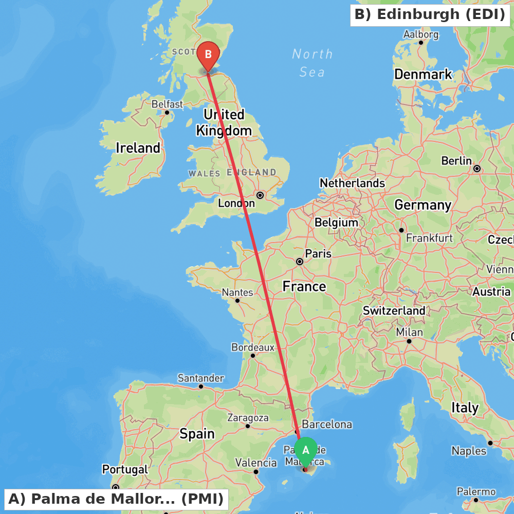 Flight route map from Palma de Mallorca to Edinburgh