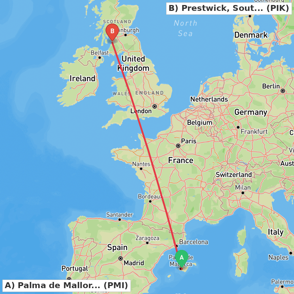 Flight route map from Palma de Mallorca to Prestwick, South Ayrshire