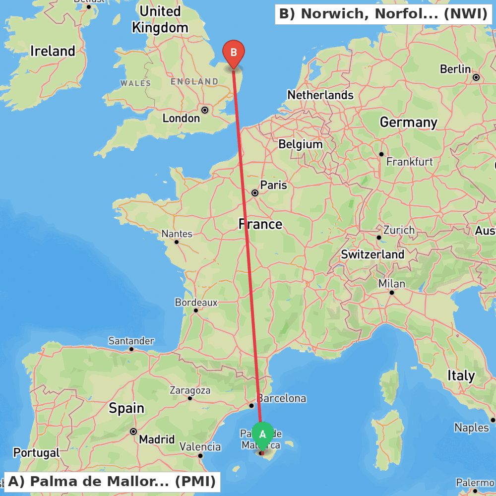 Flight route map from Palma de Mallorca to Norwich, Norfolk