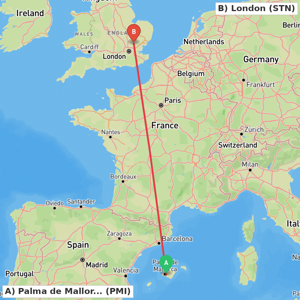 Flight route map from Palma de Mallorca to London