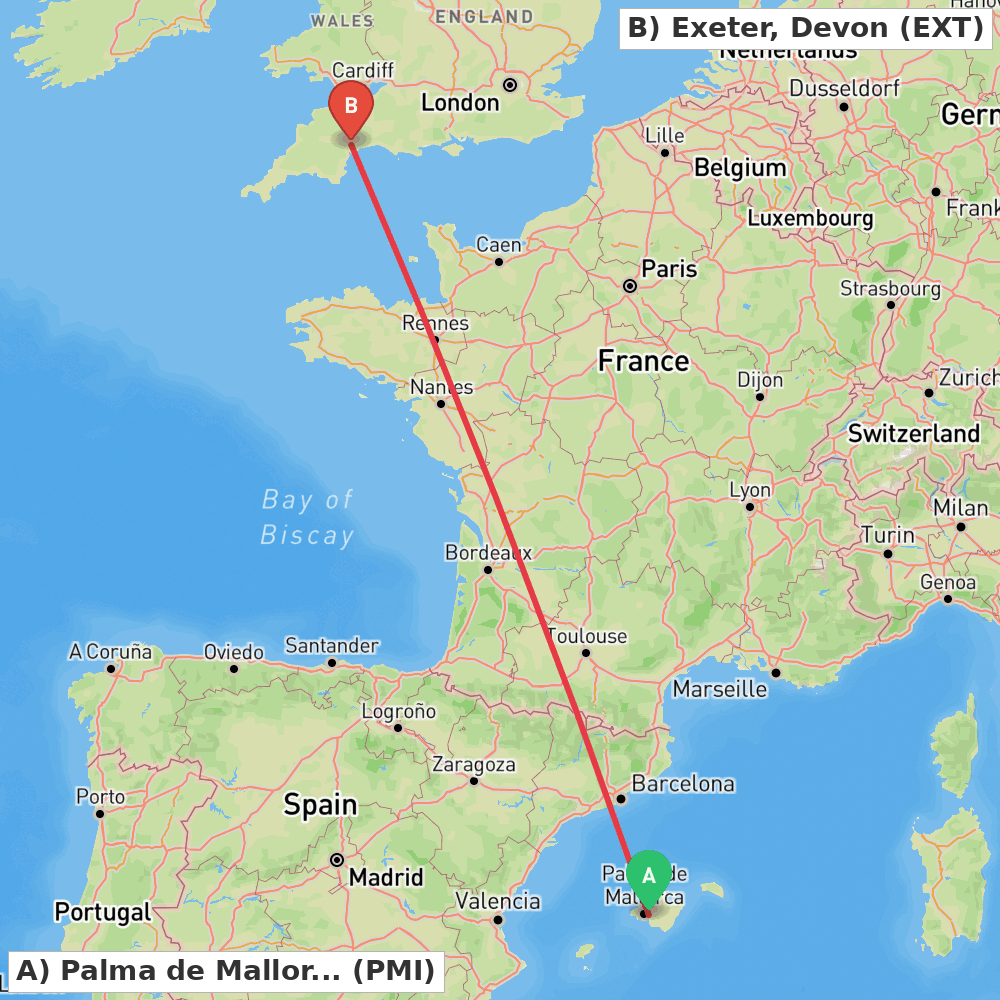 Flight route map from Palma de Mallorca to Exeter, Devon