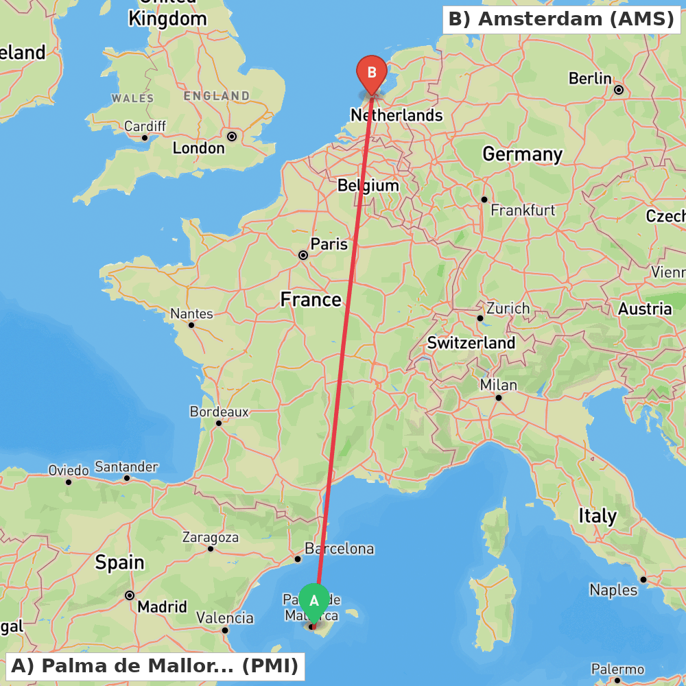 Flight route map from Palma de Mallorca to Amsterdam