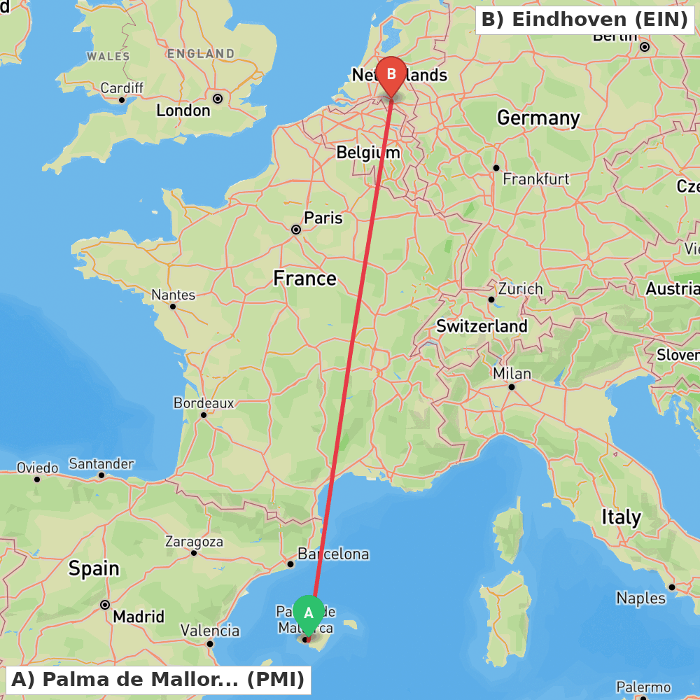 Flight route map from Palma de Mallorca to Eindhoven