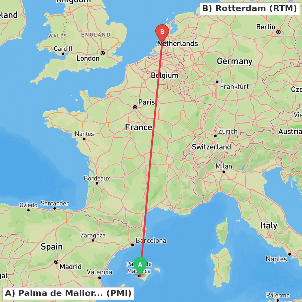 Flight route map from Palma de Mallorca to Rotterdam