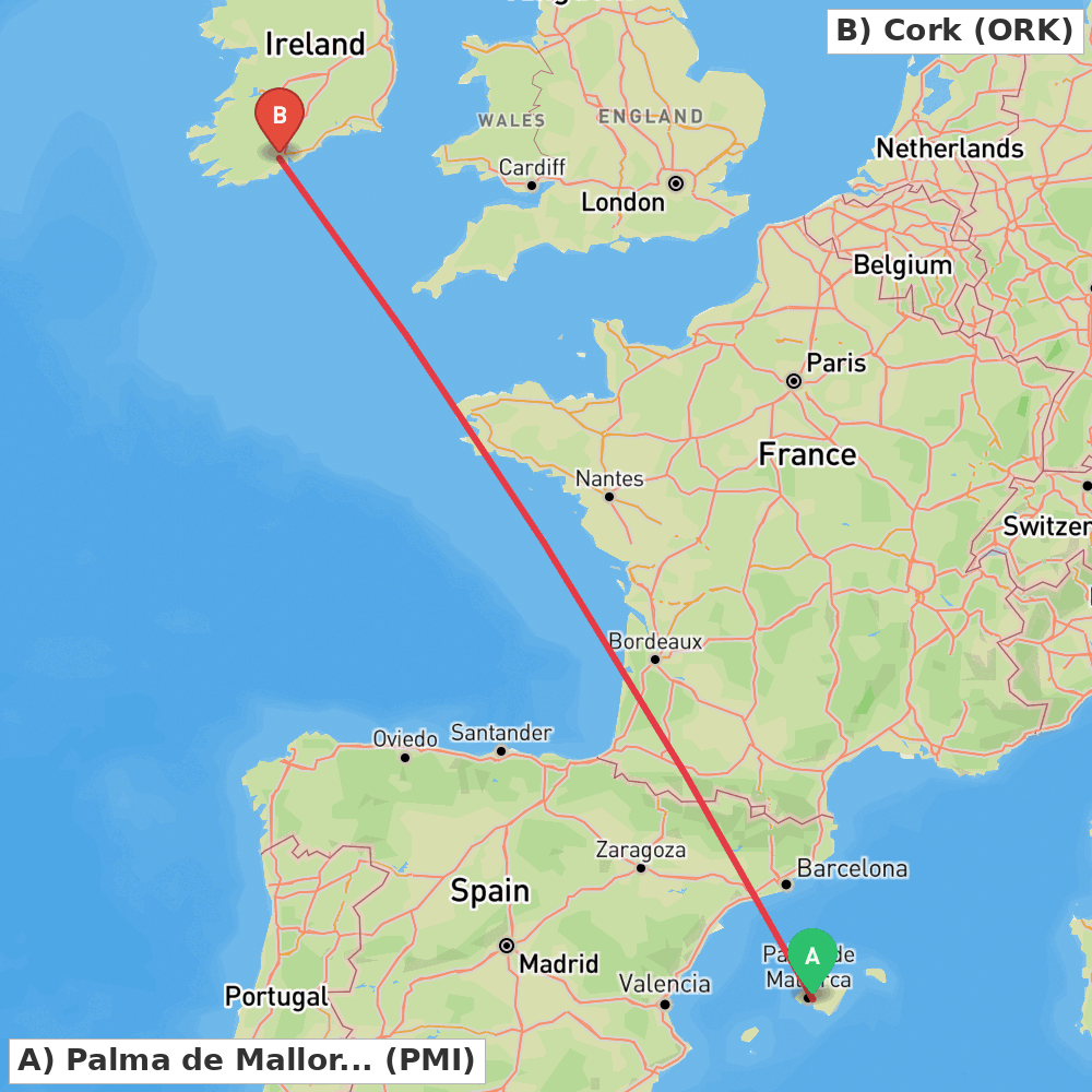 Flight route map from Palma de Mallorca to Cork