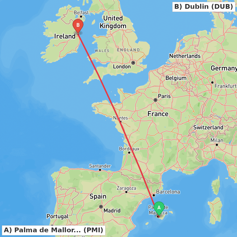 Flight route map from Palma de Mallorca to Dublin