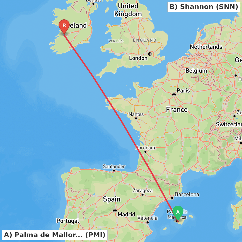 Flight route map from Palma de Mallorca to Shannon