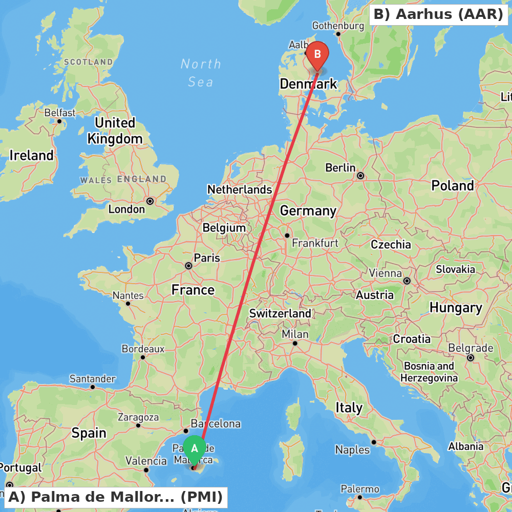 Flight route map from Palma de Mallorca to Aarhus