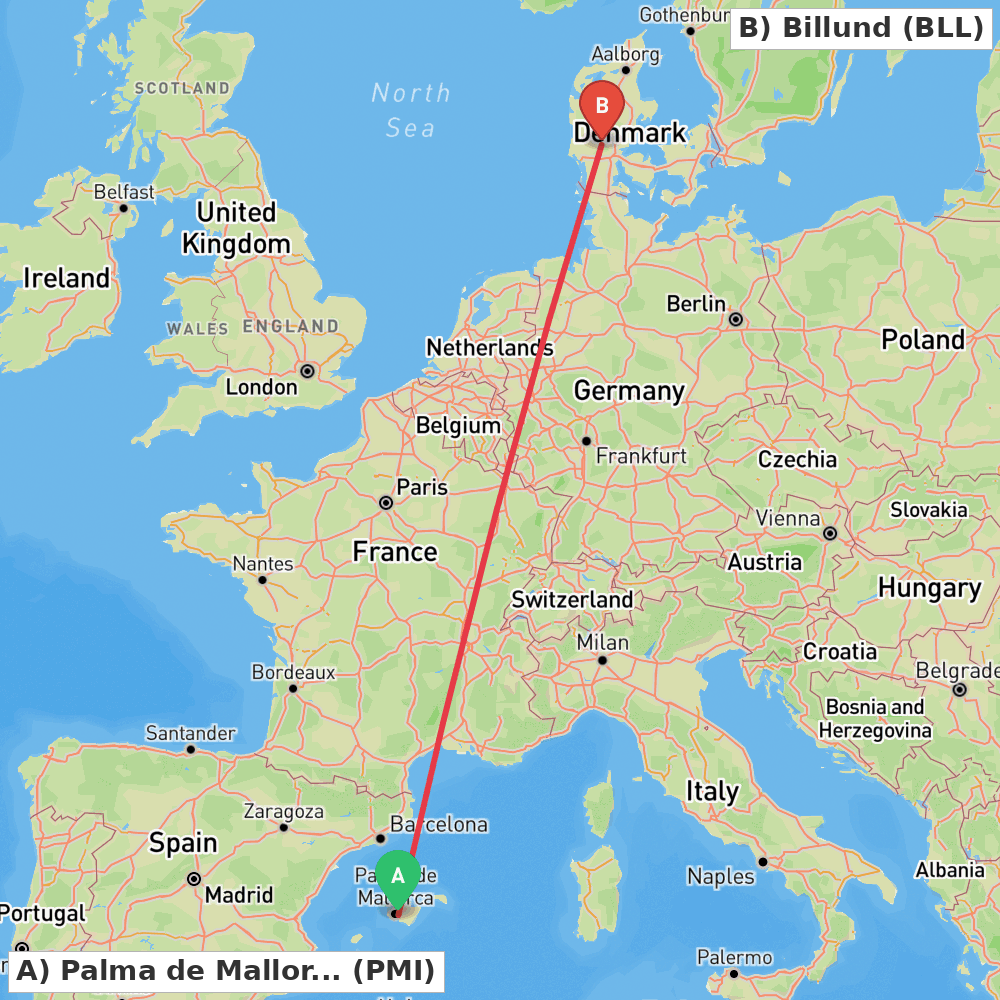 Flight route map from Palma de Mallorca to Billund