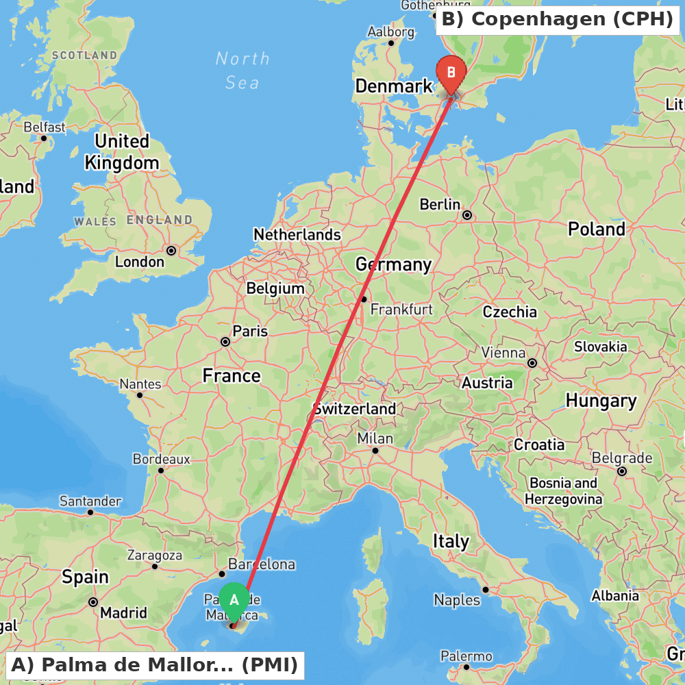 Flight route map from Palma de Mallorca to Copenhagen