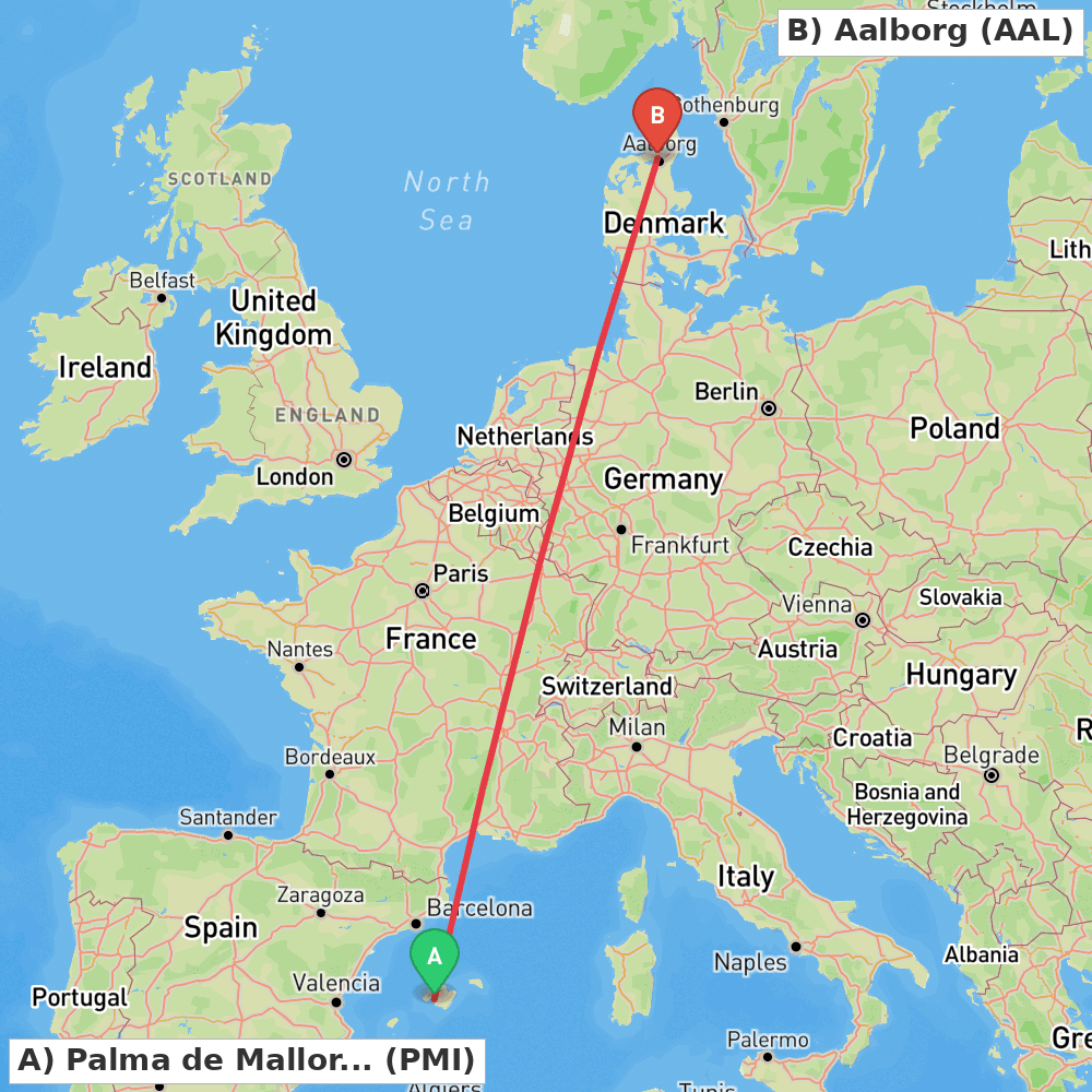 Flight route map from Palma de Mallorca to Aalborg